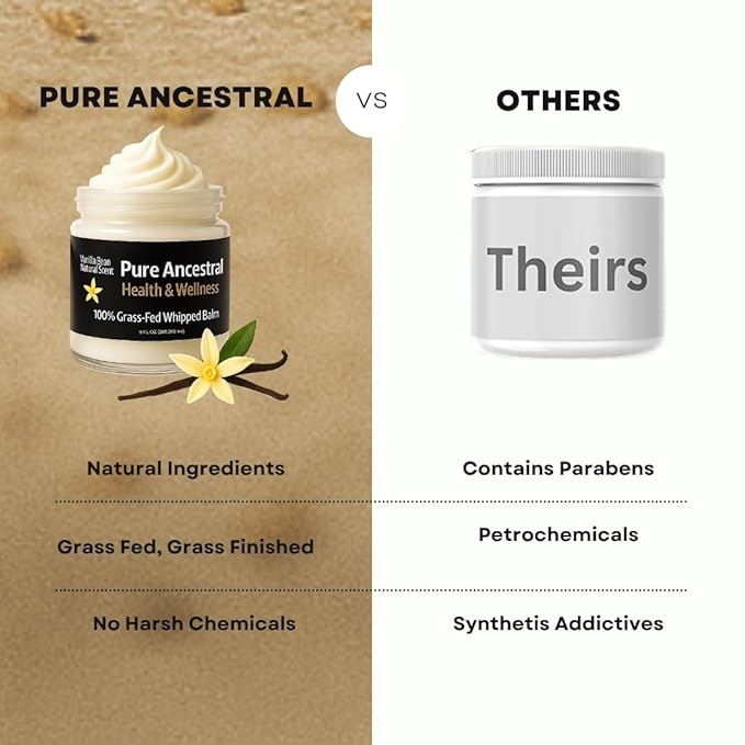 Pure Ancestral Health & Wellness 100% Grass Fed Beef Tallow for Skin Care - Face + Body - Whipped Moisturizer for Sensitive Skin - Natural Lotion | Large 9 Oz Jar. (Vanilla Scented)