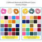 60 Pcs Soft Velvet and Satin Scrunchies for Girls and Women - Silk Elastic Hair Ties and Accessories With Gift Bag