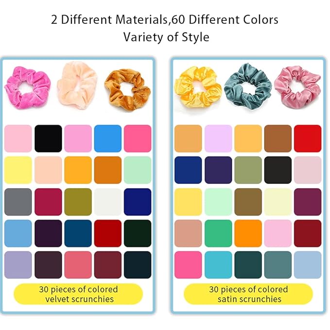 60 Pcs Soft Velvet and Satin Scrunchies for Girls and Women - Silk Elastic Hair Ties and Accessories With Gift Bag
