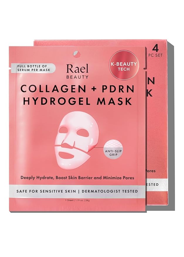 Rael Collagen PDRN Hydrogel Face Masks – Deep Hydration with Salmon PDRN, Collagen, Peptide, and Hyaluronic Acid, Anti-Slip, Korean Skin Care (4 Count)