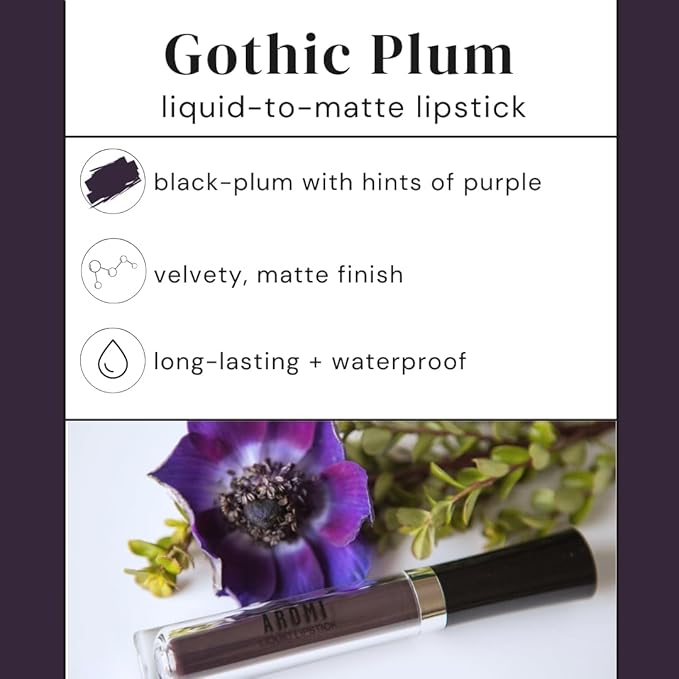 Aromi Matte Liquid Lipstick | Black Plum, Dark Lip Color, Vegan, Cruelty-free, Long-lasting, Opaque, Waterproof, Gluten Free (Gothic Plum)