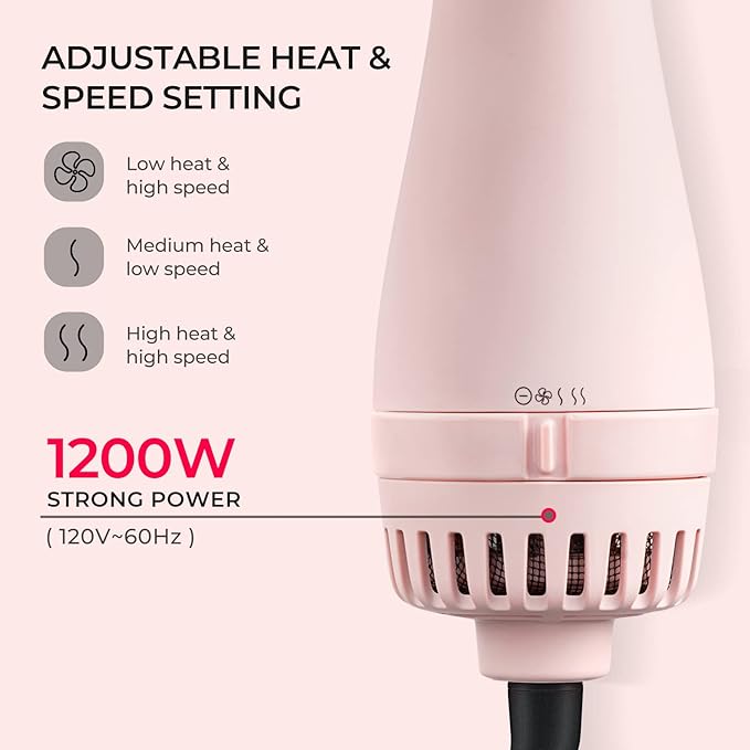 TYMO Pink Volumizer Hair Dryer Brush with Titanium Barrel, 1200W, 3 Speeds, Nylon Bristles, Ionic Technology, Salon Long-lasting Hairstyles, Hot Air Brush for Women, Designed for 120V USA Outlets