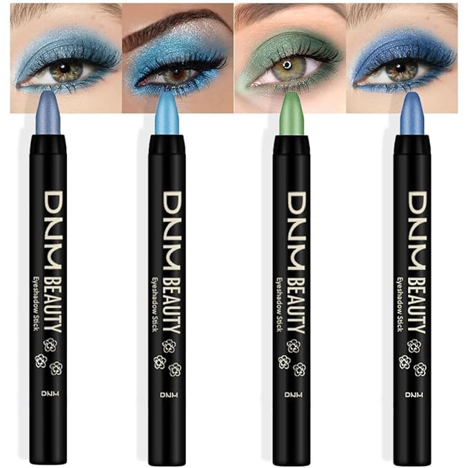 evpct 4Pcs Cream Blue Eyeshadow Stick Pencil Set for Eyes Waterproof Sky Blue Dazzling Blue Greenish Cyan Royal Blue Shimmer Metallic Holographic Eyeshadow Crayon Stick Bulk