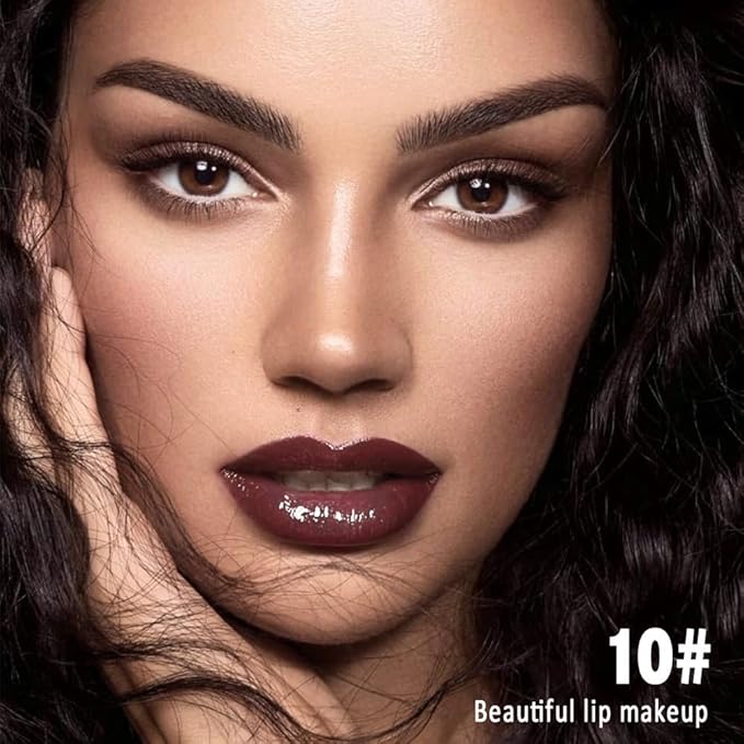 evpct Brown Eggplant Purple Shiny Longwear No-Budge Liquid Lip Color Lipstick Makeup, Highly Pigmented Color Instant Shine, Waterproof Long Lasting Lipstick Lip Stain Gloss with Lip Liner Brush, 10#