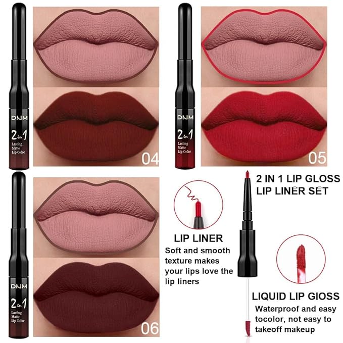 3Pcs 2 in 1 Dark Brown Ruby Deep Red Lip Liner and Liquid Lipstick Stain Makeup Set for women, Long Lasting Smudge Proof Lip Tint Matte Finish Lip Gloss for All-Day Color Hold Easy to Use, Set02
