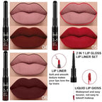 3Pcs 2 in 1 Dark Brown Ruby Deep Red Lip Liner and Liquid Lipstick Stain Makeup Set for women, Long Lasting Smudge Proof Lip Tint Matte Finish Lip Gloss for All-Day Color Hold Easy to Use, Set02