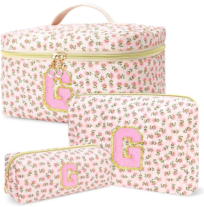 3 PCS Travel Makeup Bag Set, A–Z Initials Cotton Quilted Cosmetic Bag for Women & Preppy, Personalized Toiletry Bag Travel Accessories Makeup Brushes Organizer, Valentine’s Day & Birthday Gift for Her