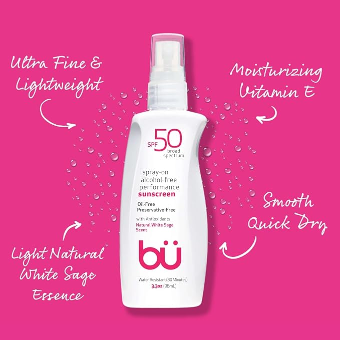 BU SPF 50 Sunscreen Spray for Face and Body, Non Aerosol Spray, TSA Travel Size Sunscreen, Clear, Non Greasy, Water Resistant, White Sage 3.3 oz