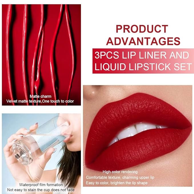 3Pcs 2 in 1 Dark Brown Ruby Deep Red Lip Liner and Liquid Lipstick Stain Makeup Set for women, Long Lasting Smudge Proof Lip Tint Matte Finish Lip Gloss for All-Day Color Hold Easy to Use, Set02