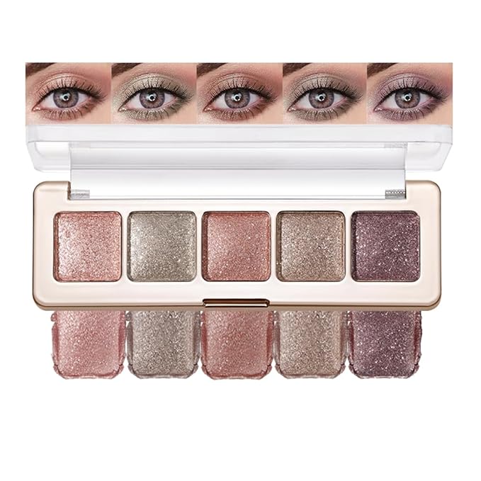 Glitter Shimmer Eyeshadow Palette – High Pigment Sparkly Metallic Eye Makeup Rose Quartz, Silver Champagne, Coral Pink, Taupe Gold & Plum Silver Shades, Long-Lasting Festival Party Eye Glitter Palette