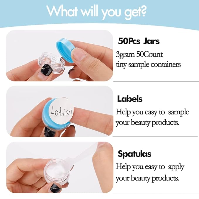 3 Gram Sample Containers With Lids, 50 Count Tiny Jars, Empty Lip Balm, Mini Cosmetic Makeup Travel Containers With Labels, Mini Disposable Spatulas
