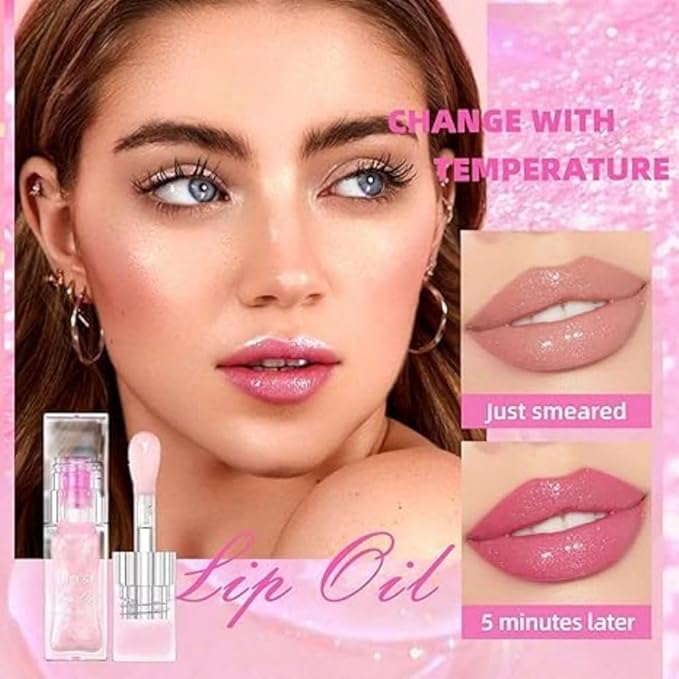 2 Pcs Color Changing Lip Oil,Magic Color Changing Lip Glow Oil With Big Brush,Boss Up Color Changing Lip Oil,Moisturizing and Non-sticky Boss Up Cosmeticsl (Shiny Pink)