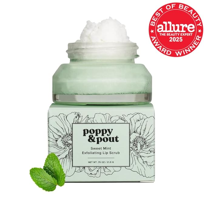 Poppy & Pout Natural Lip Scrub, Moisturizing Sugar Scrub for Dry Lips, Lip Scrubber Exfoliator with Essential Oils Smooths and Hydrates Lips, In Recyclable Glass Jars, Cruelty Free - Sweet Mint