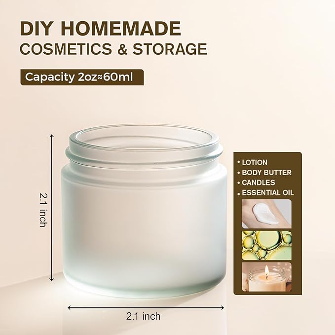 2oz Jars with Lids, Hoa Kinh 24 Pack Frosted Glass Jars with Woodgrain Lids Empty Cosmetic Containers Round Airtight Glass Jar with Inner Liners and Lid for Storing Lotions, Powders, and Ointments