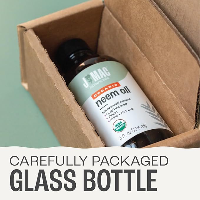 J Mac Botanicals Organic Neem Oil for Skin (4 oz Glass Bottle NO Dropper) - 100% Pure Concentrate Undiluted for Hair and Plants - Essential, Cold Pressed