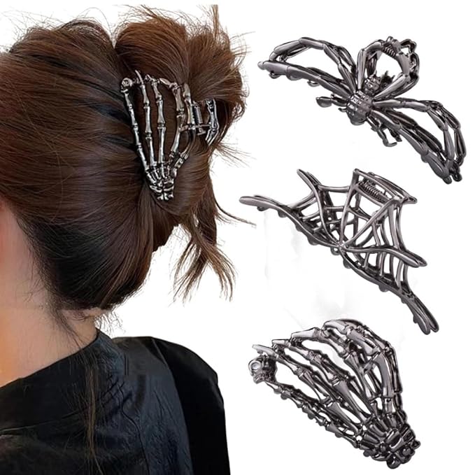 3PCS Black Spider Web Skeleton Hand Skull Hair Claw Clips for Women And Girls, Hiphop Metal Large Medium Size for Thick Thin Hair, Headband Barrette for styling Hair Accessories Party Gift (Black Gun)