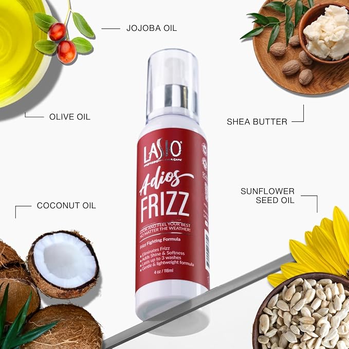 Lasio Adios Frizz Heat Protectant & Styling Spray - Eliminates Frizz, Adds Shine, Softness & Moisture, Long-Lasting Control, Lightweight Formula for Glossy, Sleek Hair, Up to 3 Washes 4oz/118ml