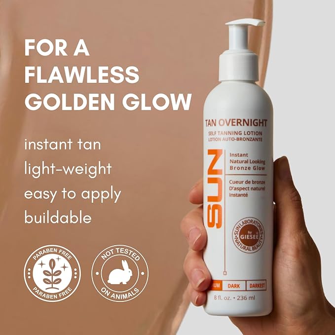 Tan Overnight Sunless Tanning Lotion 8 oz - Self Tanner, Self Tanning Lotion, Face Tanner - Natural, Long Lasting, Instant Dark Bronzer, Gradual Tan for Sun-Kissed Glow