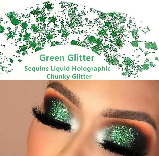 Go Ho Green Face Body Glitter,St Patricks Day Face Glitter Makeup,Green Face Paint Holographic Chunky Sequins Glitters for Eye Lip Hair Nails,Festival Rave Accessories,52g