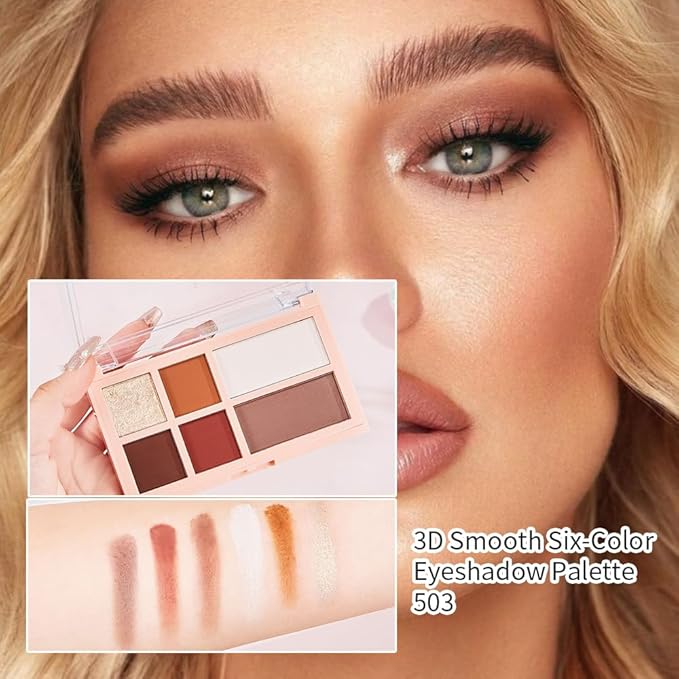 Matte Shimmer Glitter Eyeshadow Palette – 6-Color Warm Red Brown & Champagne Gold Eye Shadow Kit, High Pigment Long-Lasting Neutral Rust Makeup Palette for Daily Wear, Fall Looks & Soft Glam