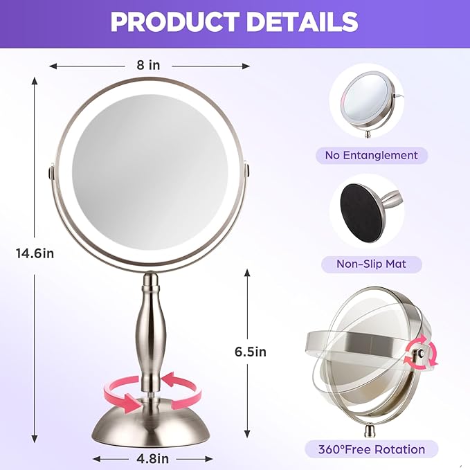 20x Magnifying Mirror with Light, 3 Color Modes and Adjustable Brightness with Lighted Makeup Mirror, Side Charging Port & SideTouch Sensor, 360° Rotation Double Sided Brushed Nickel