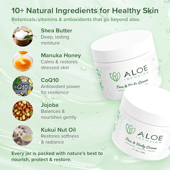 Aloe Infusion Aloe Vera Face & Body Cream – Natural Moisturizer for Dry, Sensitive & Irritated Skin – Hydrating, Non-Greasy Lotion with Shea Butter & Manuka Honey – After-Sun Care & Eczema Cream