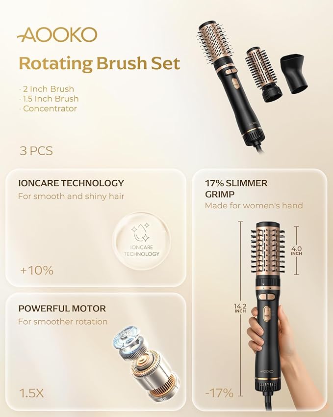 Rotating Hair Dryer Brush, Blow Dryer Brush with 2 Brushes (1.5" & 2") and Concentrator, Fast Drying, Straightening & Volumizing, Gold