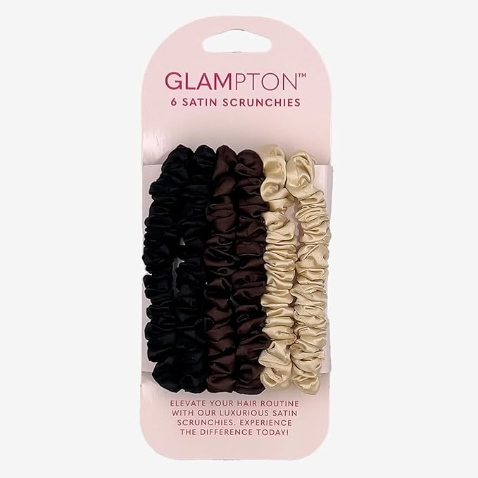 Satin Scrunchies, 6 Pack, Reduces Hair Breakage, Prevents Frizz, Smooth Texture (Black/Brown/Champagne)