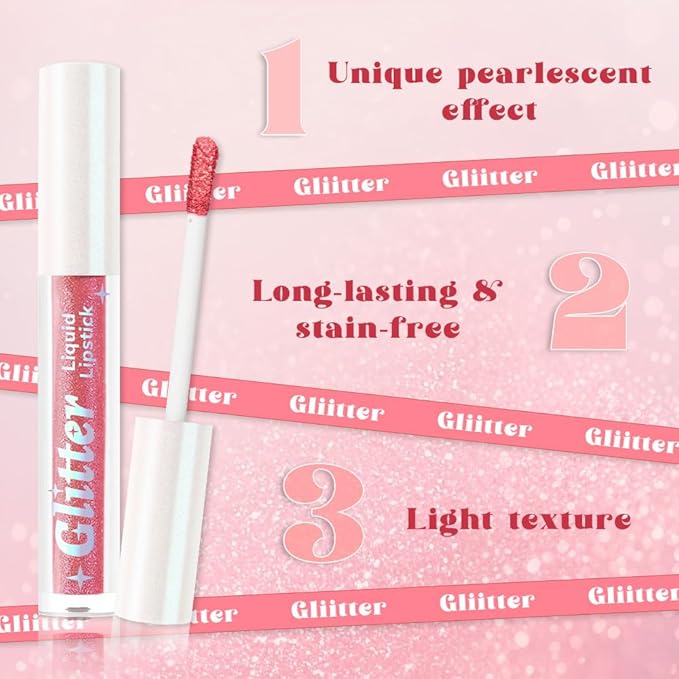 AMY'S DIARY Glitter Liquid Lipstick, Shimmer Metallic Lip Gloss, Long-Lasting Waterproof Lip Color, High Shine Sparkle Makeup,Lip makeup for woman (Rose Gold Shimmer#1)