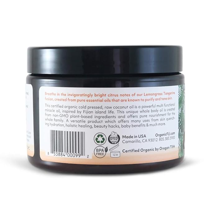 Organic Fiji Raw Cold Pressed Coconut Oil for Hair, Skin, Face & Body | Relaxing Massage Oil | Lemongrass Tangerine,12 oz for Women Men & Baby