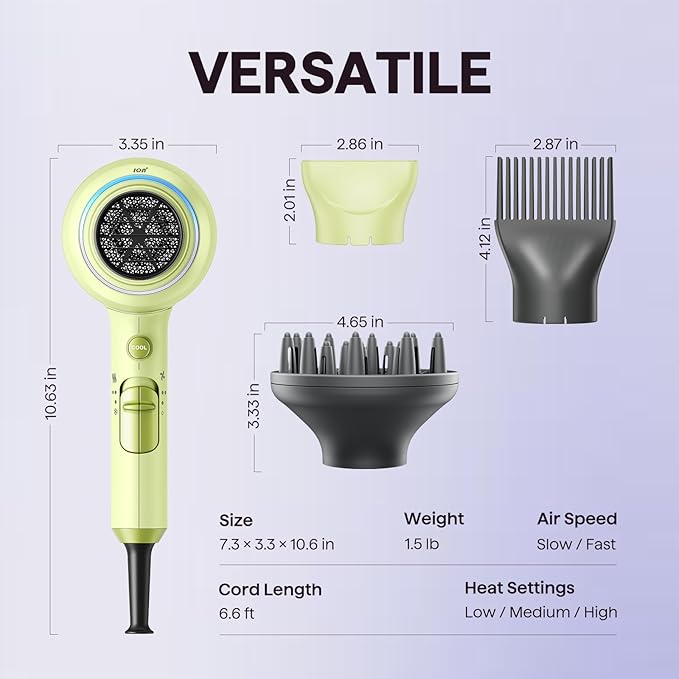 Wavytalk Hair Dryer with Diffuser, Blown Away Ionic Hair Dryer for Curly Hair with Comb, 1875W Fast Drying Blow Dryer with Ceramic Technology, 3 Attachments for All Hair Types, Light and Quiet, Green