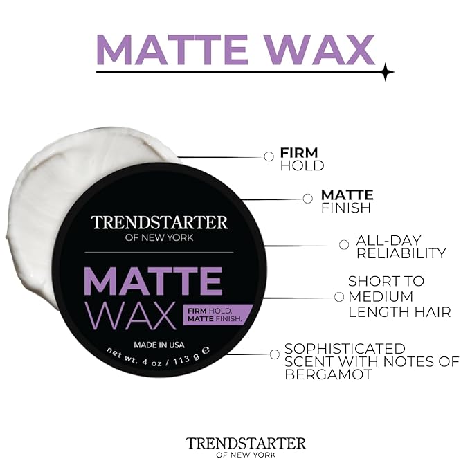 TRENDSTARTER - MATTE WAX (4oz) - Firm Hold - Matte Finish - Water Based All-Day Hold Hair Styling Pomade – Flake-Free Styling Wax for All Hair Types