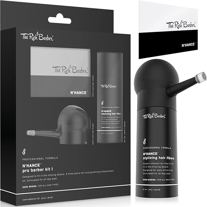 The Rich Barber N'Hance Pro Barber Kit I - Professional 3-in-1 Hair & Beard Styling Set - Keratin-Infused Hair Building Fibers, Applicator Pump, Application Card - Hairline Enhancer & Volumizing Spray
