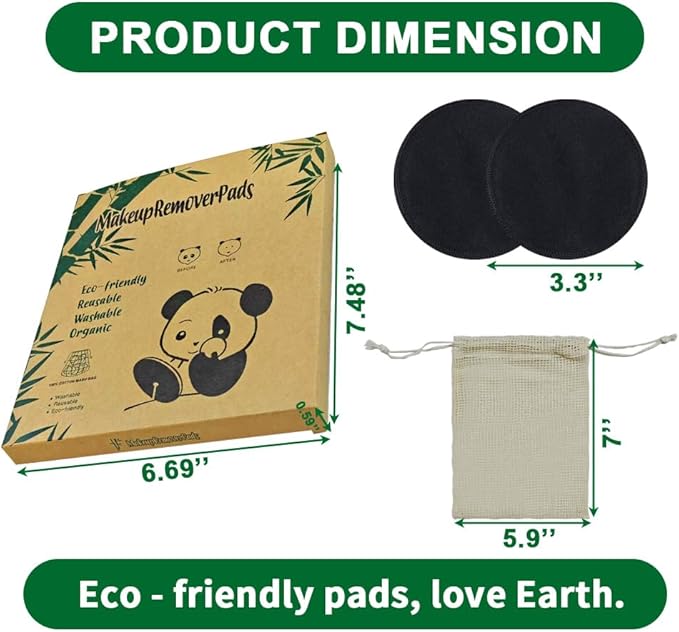 20 Pack Reusable Makeup Remover Pads with Laundry Bag, Environmentally Friendly and Suitable for All Skin Types, Washable Bamboo Cotton Rounds Black