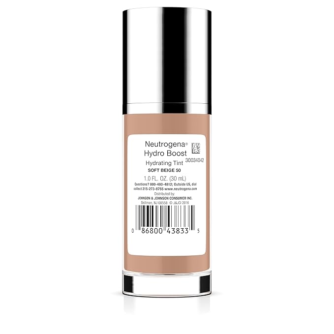 Neutrogena Hydro Boost Hydrating Tint Foundation Makeup for Dry Skin, with Hyaluronic Acid, Lightweight Oil-Free Water Gel, Non-Comedogenic, 50 Soft Beige, 1.0 fl. oz