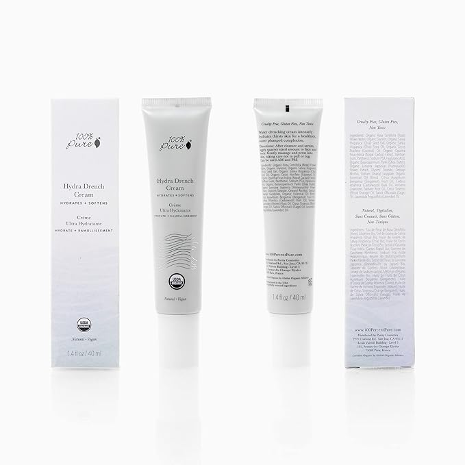100% PURE Hydra Drench Cream, Daily Face Moisturizer with Hyaluronic Acid, Rose Water, Skin Care for All Skin Types, Natural Face Cream - 1.4 Fl Oz