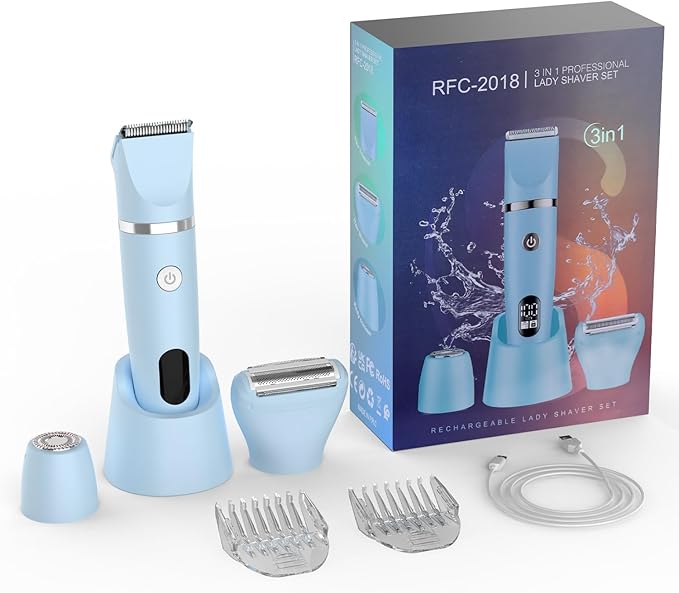 3-in-1 Electric Razor IPX7 Waterproof Bikini Trimmer Wet & Dry Use Painless Personal Trimmer Groomer for Ladies Face Body Legs Bikini Public Hairs Electric Lady Shaver with Replaceable Heads