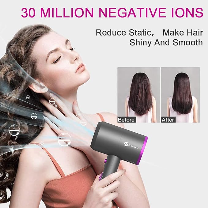 slopehill Professional Ionic Hair Dryer, Powerful 1800W Fast Drying Low Noise Blow Dryer with 2 Concentrator Nozzle 1 Diffuser Attachments for Home Salon Travel