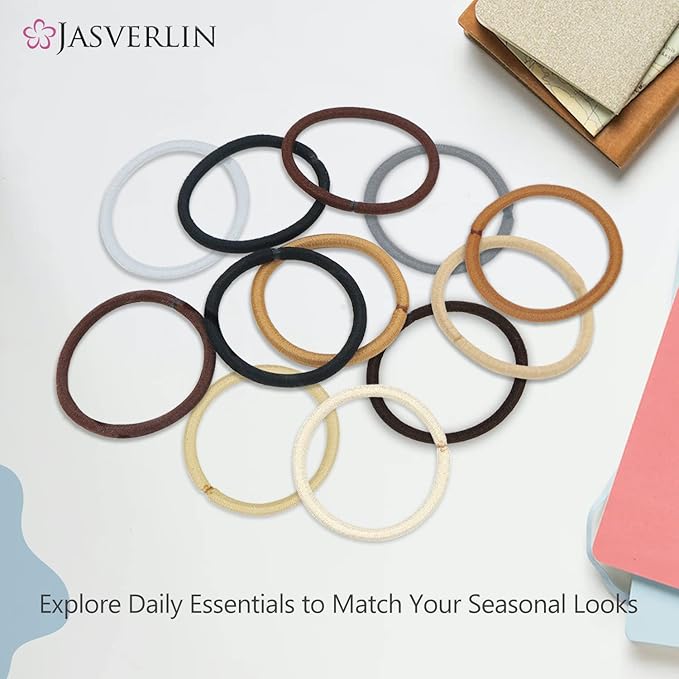 No Metal Hair Ties Brown Elastics Nylon for Women Girls Large Thick Fine Beauty Hair Ties Ponytail Holder Snag Free No Damage No Breakage 4mm 50 pcs JASVERLIN (Light Ash brown)