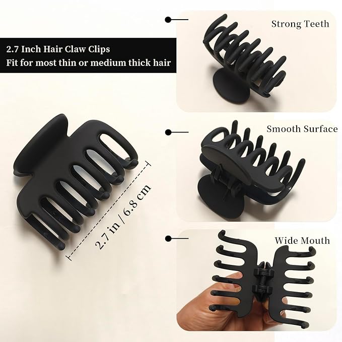 2.7 Inch Hair Claw Clips No Slip Matte Black & Leopard Unbreakable Claw Clips for Momen Thin and Medium Thick Hair, 3 Pack