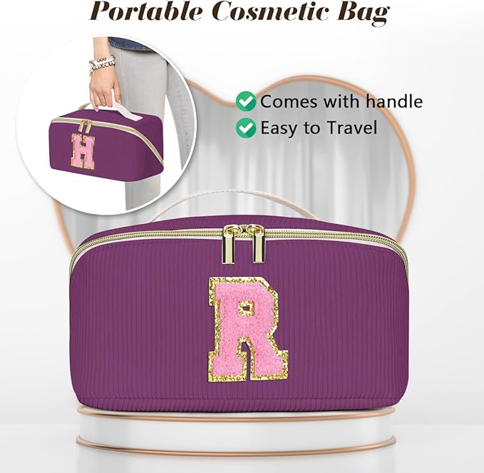 Personalized Initial Makeup Bag, Valentine's Day Gifts for Girls,Preppy Bag Cosmetic Travel Bag Women,Travel Toiletry Organizer,Large Capacity Corduroy Stuff Bag,Cute Cosmetic Pouch Skincare Bag