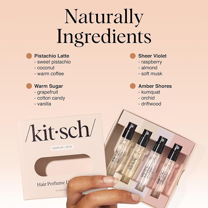 Kitsch Hair Perfume For Women (Discovery Set) - Pistachio Latte, Warm Sugar, Sheer Violet & Amber Waves - Patented Odor-Eliminating Technology, Hair Spray and Body Mist - 4 x 1.5mL