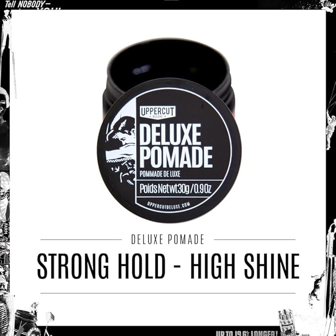 UPPERCUT DELUXE Deluxe Pomade, 0.9 oz / 30g - Strong Hold, High Shine Hair Pomade – Water-Based, Easy Washout – Classic Barber Styling for Slick Backs, Side Parts & Pompadours