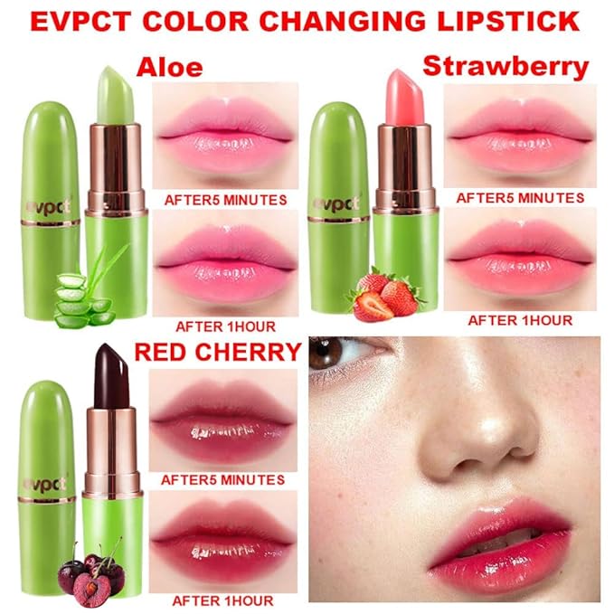 evpct 3Pcs Magic Color Changing Lipstick 24 Hours Original for Women Lasting Waterproof, Aloe Vera Strawberry Black Red Cherry PH Mood Permanent Hardpointing color changing Lipstick Tinted Lip balms