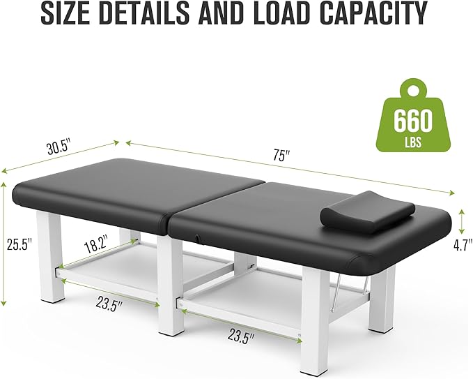 30.5'' Wide × 75'' Long Folding Stationary Massage Table with Backrest and Storage Space for Treatment Table Physical Therapy Table Spa Facial Bed, 6 Square legs, Metal Frame PU Leather - Black