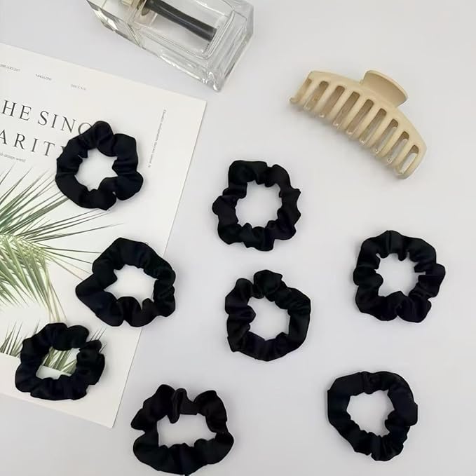 8 Pcs Black Small Satin Scrunchies for Women, No Damage No Crease Hair Ties Scrunchies for All Hair Types and Textures, Thin Hair Elastic Bands Ponytail Holders for Girls Hair Accessories