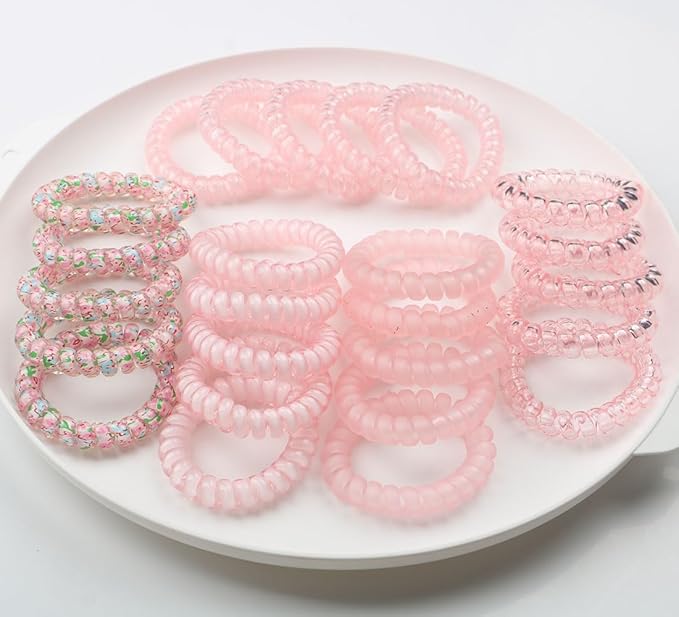 25pcs Spiral Hair Ties,Elastic Coil Hair Tie for Women Girls,No Crease No Damage Telephone Wire Cord Hair Ties for Thick Hair Thin Hair(Pink)