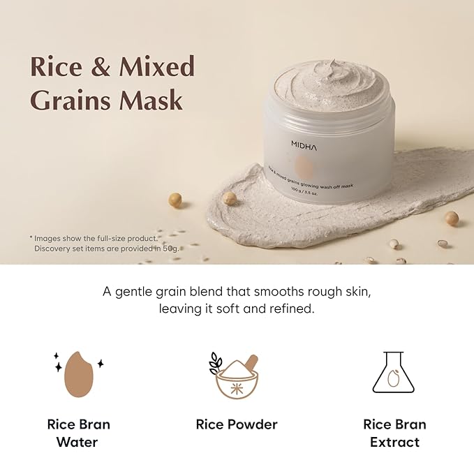 MIDHA RICE WASHOFF MASK DISCOVERY SET, 1.76oz x 3/50g, Dull Skin Care, Hydrating and Soothing, Pore Refining Treatment, Vitamin C face mask, Skincare for Travel, Mini Skincare Kit, 3-in-1 Set