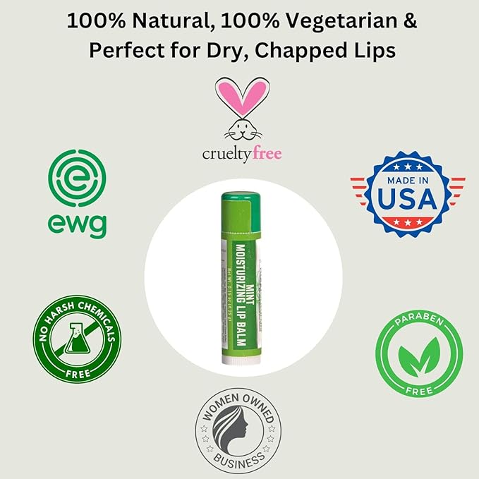 RaGaNaturals Natural Mint Lip Balm - Hydrating Lip Moisturizer for Dry & Cracked Lips with Shea Butter, Cocoa Butter, Vitamin E & Beeswax - Refreshing Mint, Non-Tinted For Wommen, Men & Kids – 4 Pack