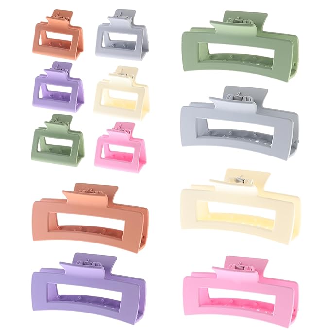 12 Pack Square Colorful Hair Clips, Big and Small Neutral Rectangle Claw Clips, Non-slip Matte Hair Clips for Women,Strong Hold jaw clip for Thick Thin Hair Silver Brown White Pink